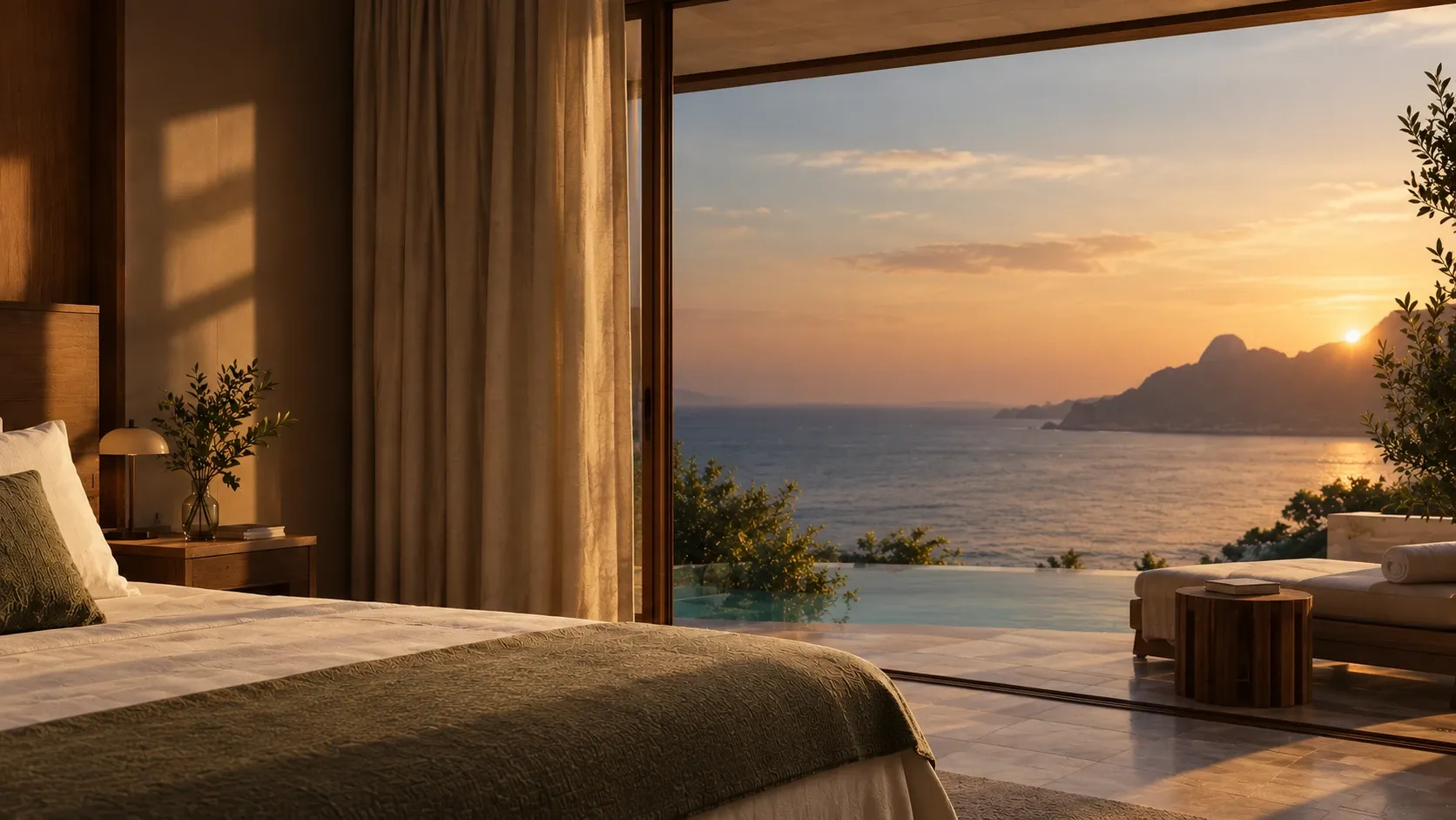 Suíte de hotel aberta para o mar ao entardecer, com piscina e vista da costa